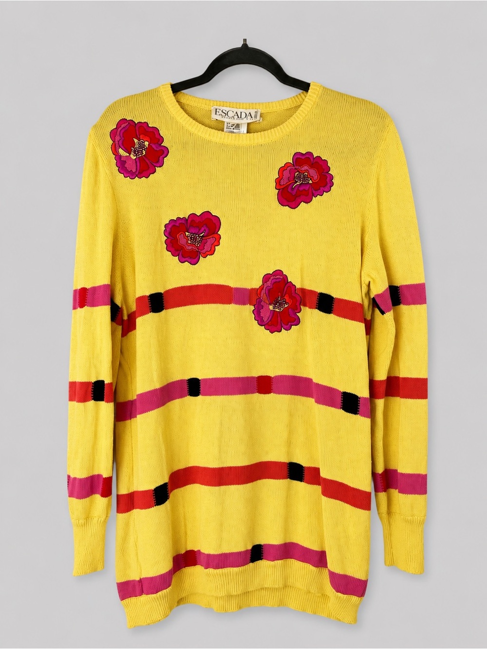 Escada Yellow Floral Appliqué Knit Sweater Designer Striped Crewneck Pullover
